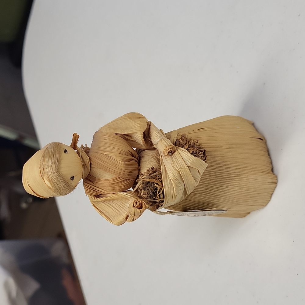 Vintage Hand-Made Corn Husk Doll Czechoslovakia Woman Carrying Sticks